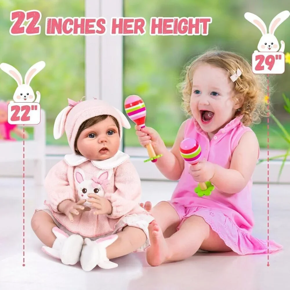 🆕22inch Soft Vinyl Body Newborn Baby Poseable Limbs Open Eyes Reborn Pink Girl